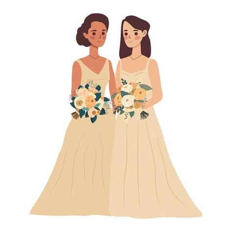 Lesbian Couple Marriage Homosexual Wedding Brides In Dress LGBT Newlyweds Flat Vector