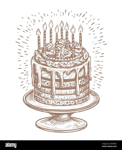 Birthday Cake With Candles Fun Holiday Or Solemn Event Vintage Sketch