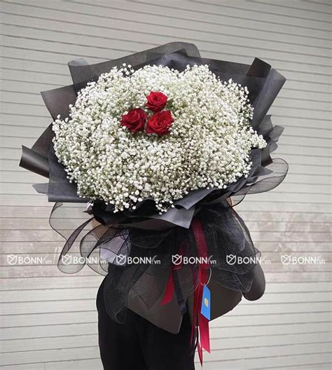 Bó Hoa Baby Trắng Mix Rose Red Bonnvn
