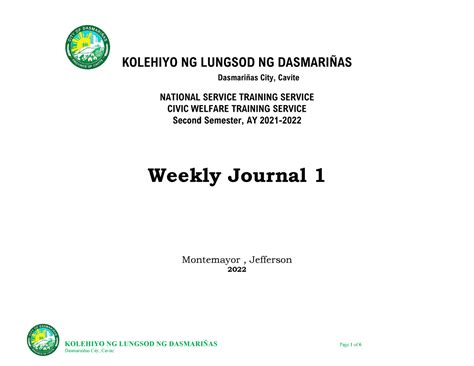 3 Weekly Journal 1 Notes Kolehiyo Ng Lungsod Ng DasmariÑas Page 1