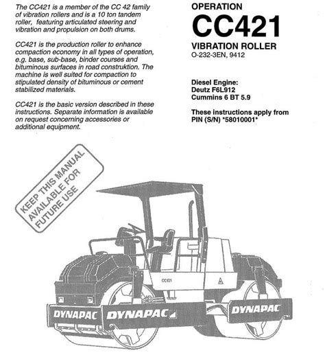 Dynapac Vibratory Roller CC421 Operation Manual Auto Repair Manual