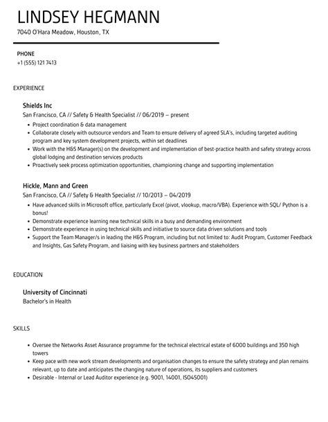 Safety And Health Specialist Resume Samples Velvet Jobs