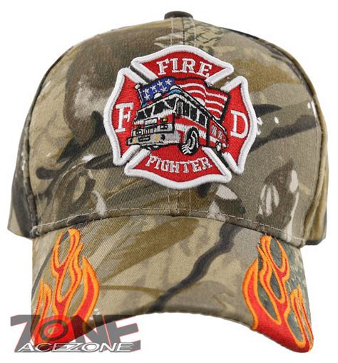 Fire Dept Fire Fighter Side Flames Ball Cap Hat Camo