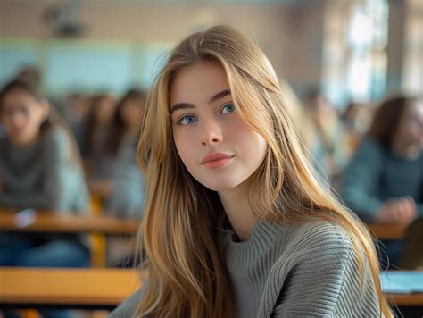 Young Woman With Blonde Hair And Blue Eyes Sitting In A Classroom