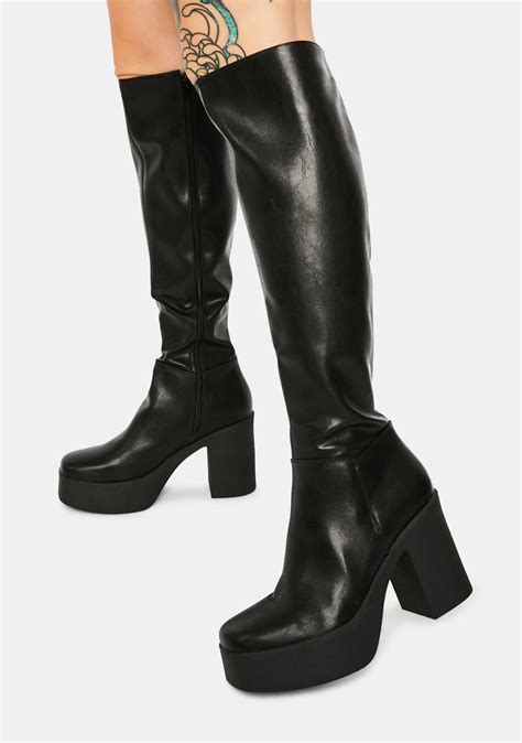 Lamoda Vegan Leather Knee High Platform Heel Boots Black Dolls Kill