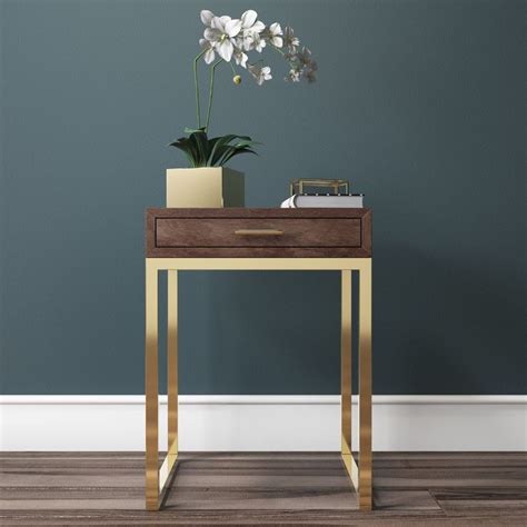 Single Drawer Bedside Table Walnut Gold Color Solid Wood Frame Bedroom