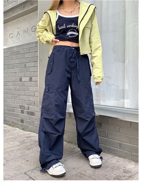 HOUZHOU Retro Hippie Blue Cargo Parachute Pants Women Parachute Pant Shop