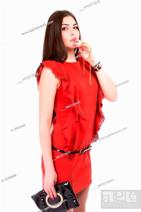Portrait Of Brunette Posing In Red Dress Stock Photo Picture And Royalty Free Image Pic