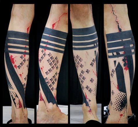 Crosses And Black Stripes Blackwork Tattoo By Live Two Lower Leg