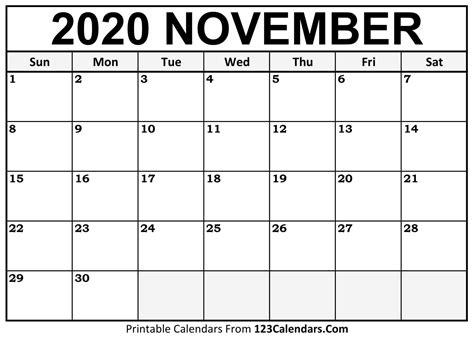 Printable November 2020 Calendar Templates