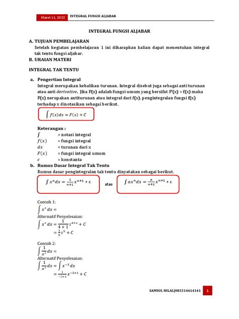 Konsep Dasar Integral Fungsi Aljabar Pdf