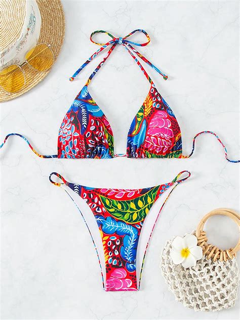 Shein Swim Vcay Women S Swimsuit Set With Tropical Color Blocking Triangle Bikini With Leaf