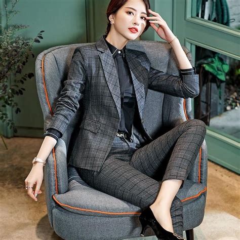 2 Pieces Set Plaid Formal Pant Suit Women Business Suits Work Wear Womens Suits Business