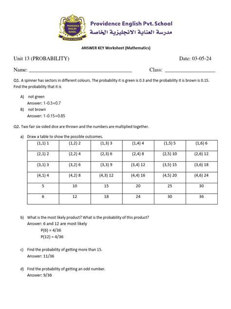 Answerkeyworksheetch13 Pdf Probability Probability Theory