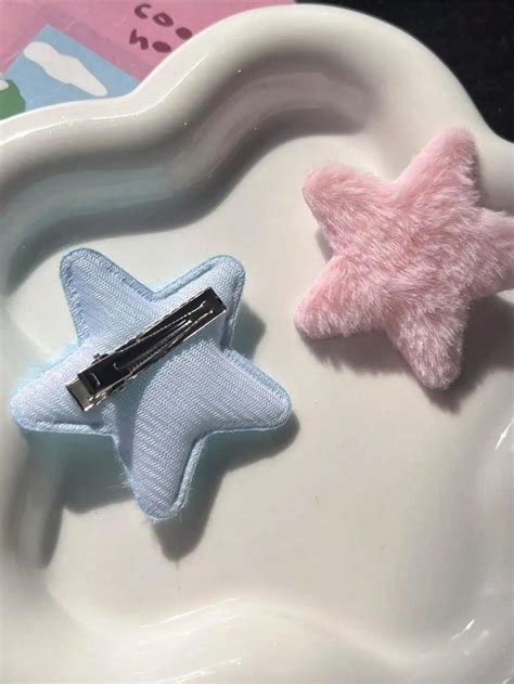 2pcs Sweet Cute Plush Five Pointed Star Hair Clips For Bangs Pink