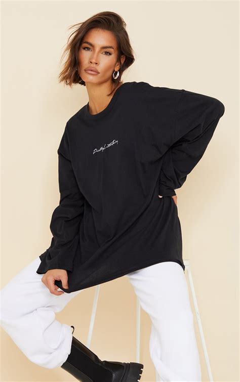 Plt Cotton Black Oversized Long Sleeve T Shirt Tops