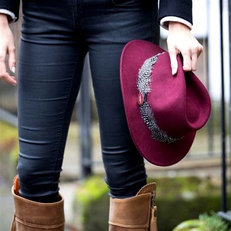 Hicks And Brown Suffolk Fedora In Maroon With Guinea Feather Wrap