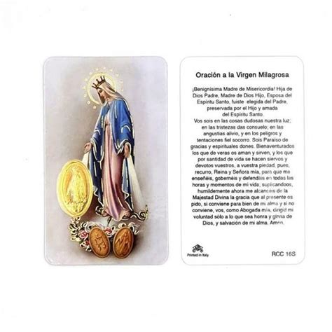 Estampa Virgen Milagrosa Con Medalla Dorada Plastificada Y Con Oraci N