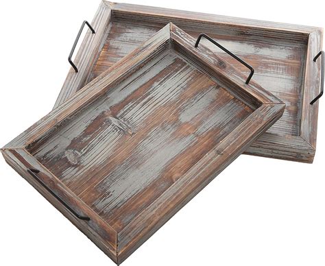 Set Of 2 Country Rustic Whitewashed Brown Wood Finish Rectangular Nesting Serving Trays W Metal