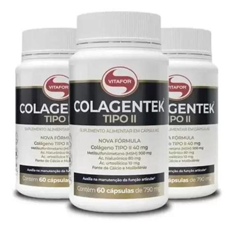 3 Potes Colagentek Colágeno Tipo 2 C 60 Cápsulas 750mg Vitafor