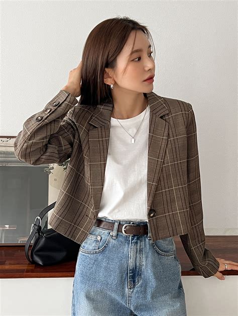 Dazy Plaid Single Button Crop Blazer Shein Usa