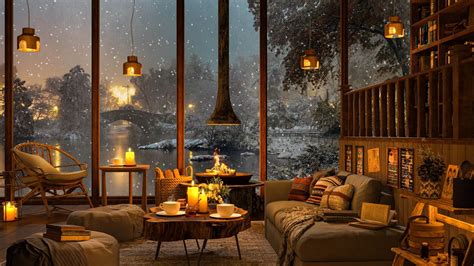 Winter Ambience At Cozy Coffee Shop Snowfall On Window Fireplace And