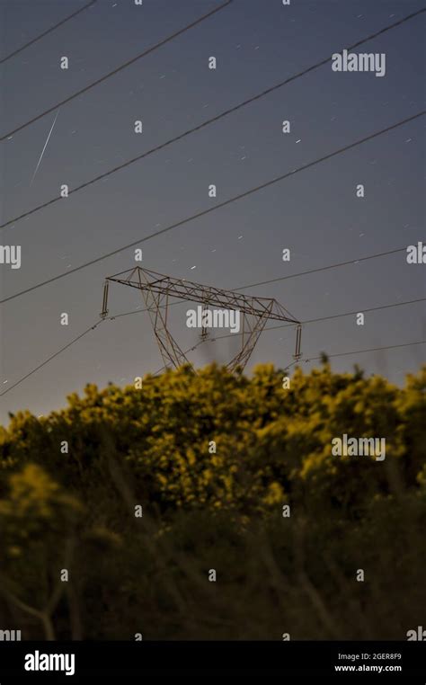 Beautiful Night View Of Power Lines Electric Transmission Pylon