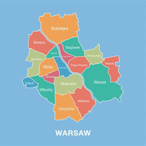 Colorful map of Warsaw, Poland with labeled administrative districts