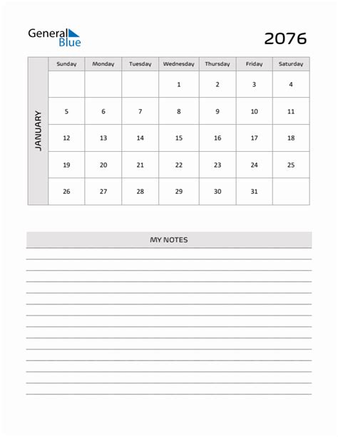 January 2076 Monthly Calendar (PDF, Word, Excel)