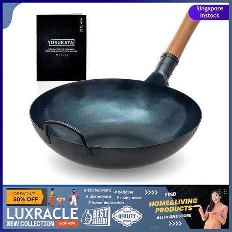 Sgstock Yosukata Flat Bottom Wok Pan Blue Carbon Steel Wok