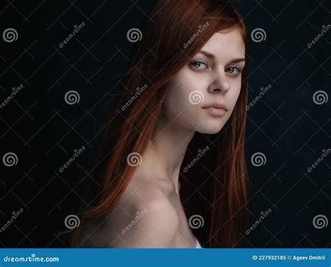 Red Haired Woman Naked Shoulders Dark Background Glamor Stock Image