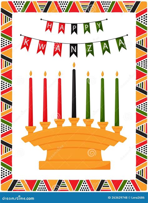 Greeting Card With Traditional Candle Holder Kinara And Flags With Words Happy Kwanzaa Frame