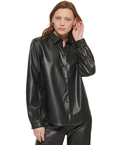 Calvin Klein Womens Long Sleeve Faux Leather Snap Front Shirt Macys