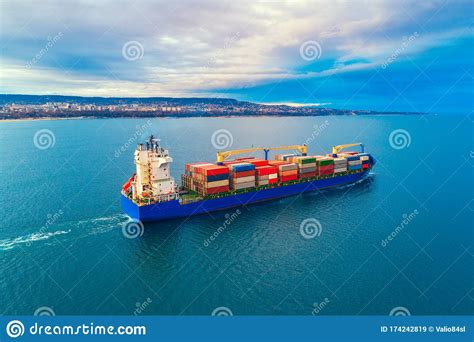 Container Ship In The Sea Aerial View Stock Image Image Of Terminal