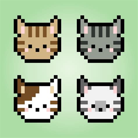 Pixel 8 bit cat face. Animals for game assets in vector illustration ...