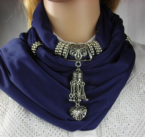 Scarf With Jewelry Jewelry Scarf Heart Pendant Necklace Etsy Scarf Jewelry Handmade Beaded