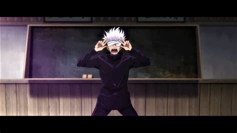 Wallpaper Jujutsu Kaisen Satoru Gojo White Hair Peace Sign Uniform Blindfold Classroom