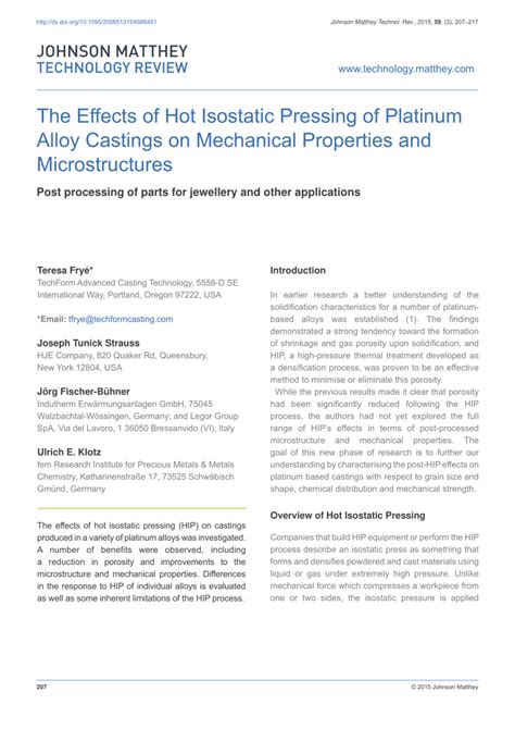 PDF The Effects Of Hot Isostatic Pressing Of Platinum Alloy Castings On Mechanical Properties
