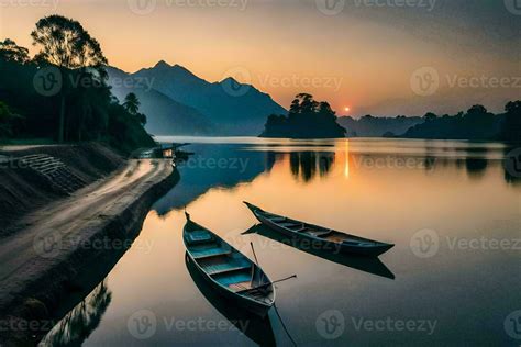 Two Boats Are Docked On The Shore Of A River Ai Generated