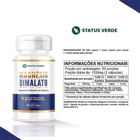 Magnésio Dimalato 100 Cápsulas 500mg Status Verde Equilíbrio