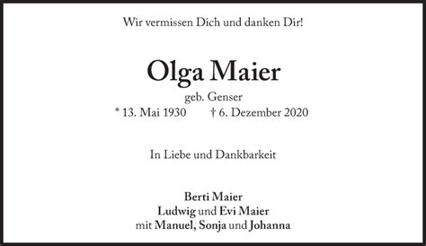 Traueranzeigen Von Olga Maier SZ Gedenken De