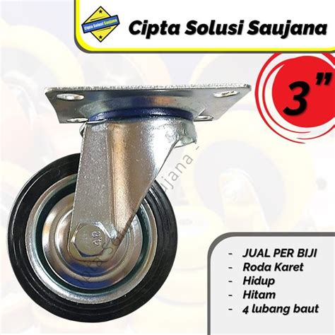 Jual 3 HITAM RODA KARET HIDUP PLAT GEPENG RODA CASTER TROLI ETALASE