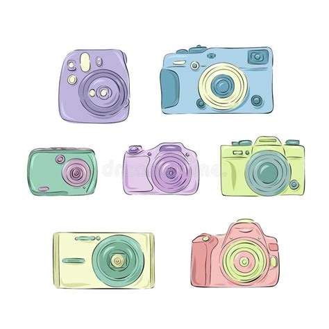 Colorful Pastel Vector Illustration Set Of Retro Camera Hand Drawn