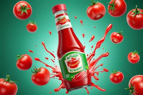 Tomato Ketchup Ad With Tomato Sauce Flow Effect Green Background 3d Illustration Premium Ai