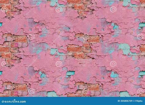 Old Grungy Brick Wall Texture With Pink And Blue Paint Peeling Off