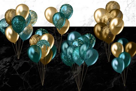 Teal And Gold Balloons Clipart Glitter Balloon Png Digital Etsy