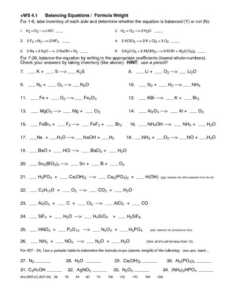 Balancing Chemical Equations Practice Th Grade Balancing Equations