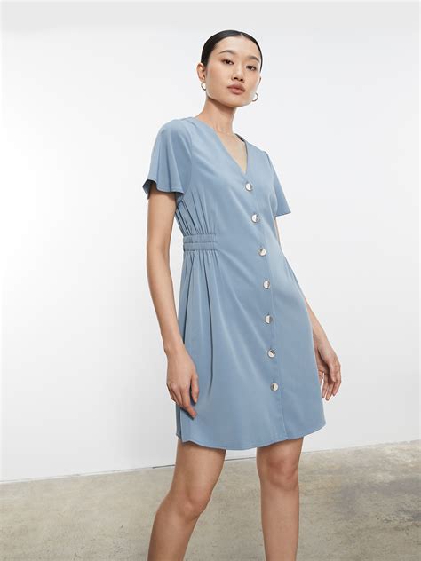 Mini V Neck Buttoned Dress Blue Pomelo Fashion