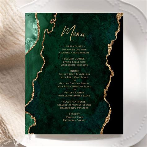 Budget Emerald Green Gold Agate Wedding Menu Zazzle Emerald Green