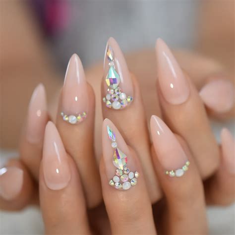 Natual Nude False Nails ABS Pointed Strass Long St Grandado